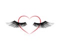 Long eyelashes and heart on a white background. Symbol. Vector